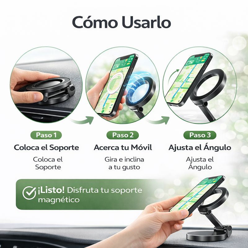 Soporte Magnético 3 en 1: Tu celular siempre firme, visible y a la mano mientras conduces