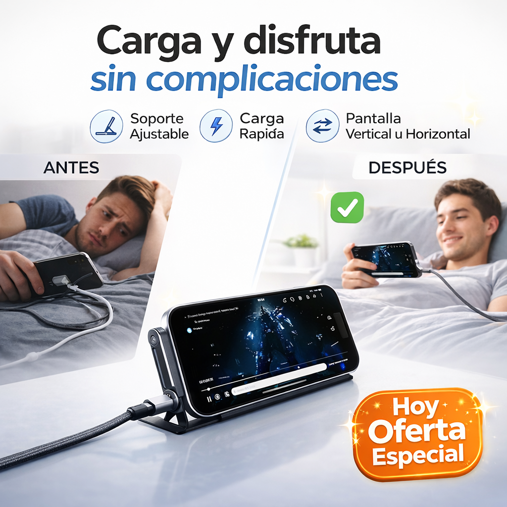 Cable 2 en 1: cargador y soporte inteligente - No dañes tus cables, carga tu celular sin problema