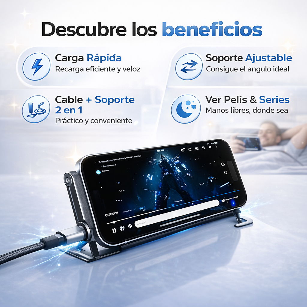 Cable 2 en 1: cargador y soporte inteligente - No dañes tus cables, carga tu celular sin problema