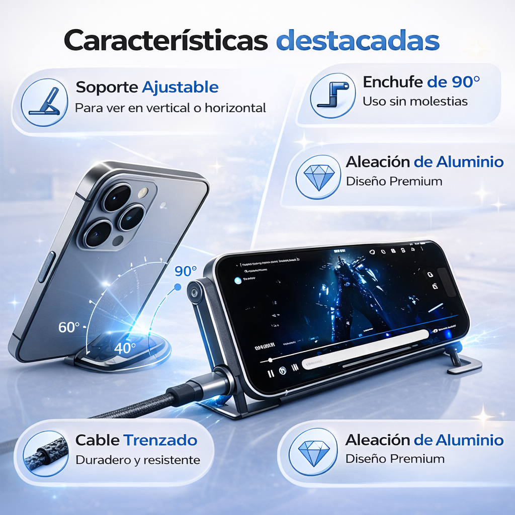 Cable 2 en 1: cargador y soporte inteligente - No dañes tus cables, carga tu celular sin problema