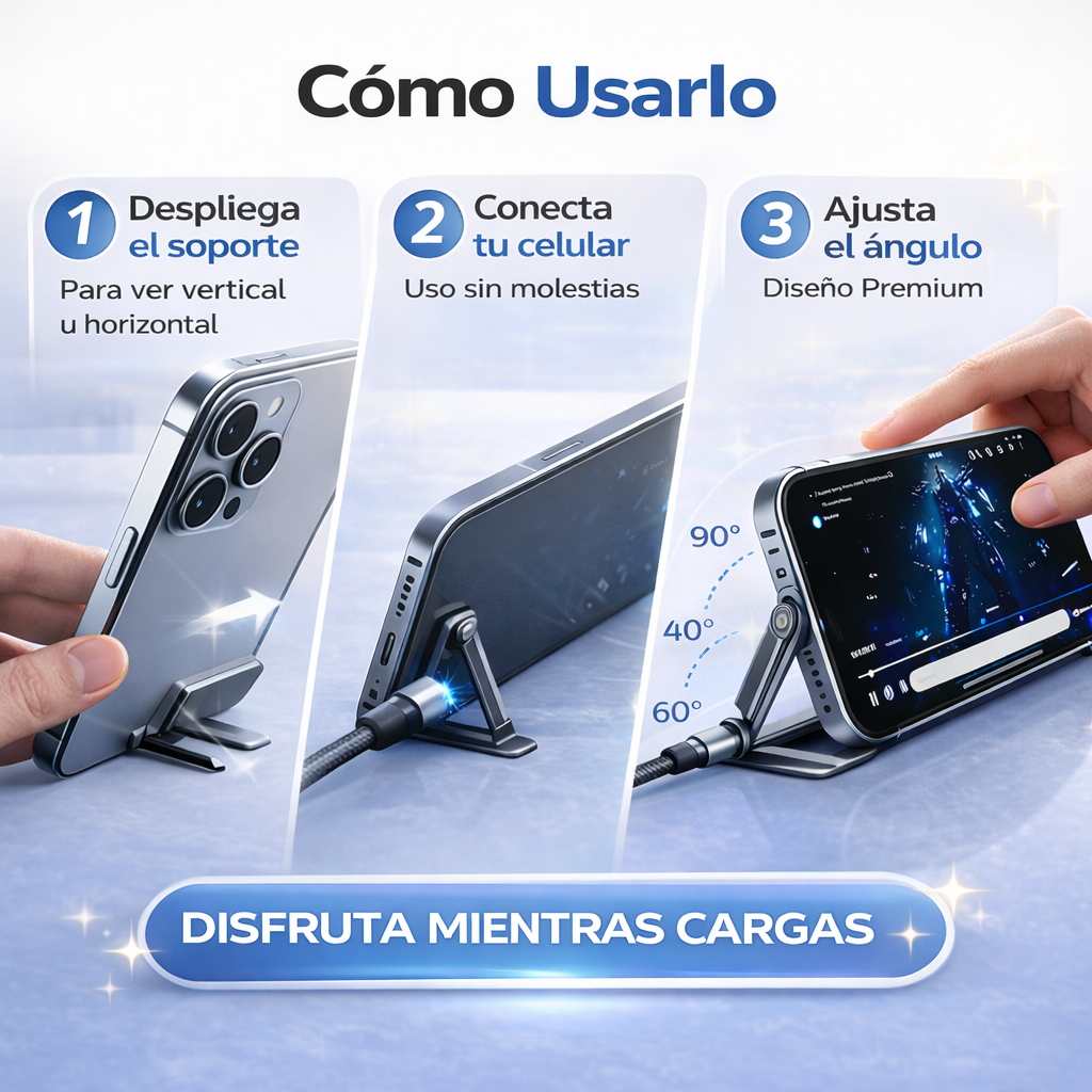 Cable 2 en 1: cargador y soporte inteligente - No dañes tus cables, carga tu celular sin problema