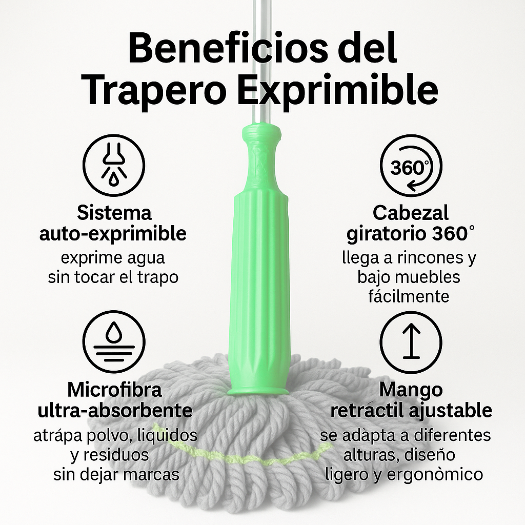 Trapero 360: El trapero que exprime por ti. Limpia más rápido, sin mojarte las manos.