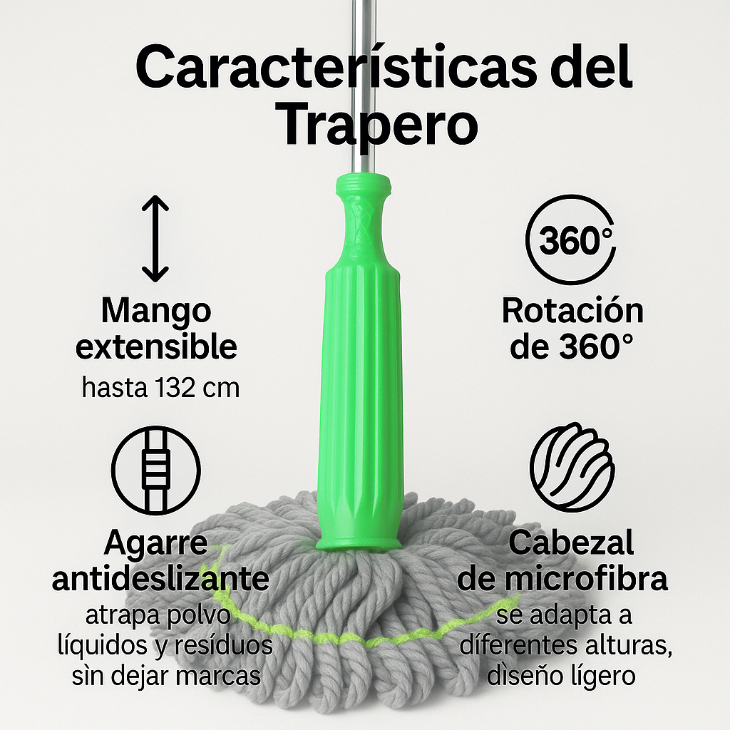 Trapero 360: El trapero que exprime por ti. Limpia más rápido, sin mojarte las manos.